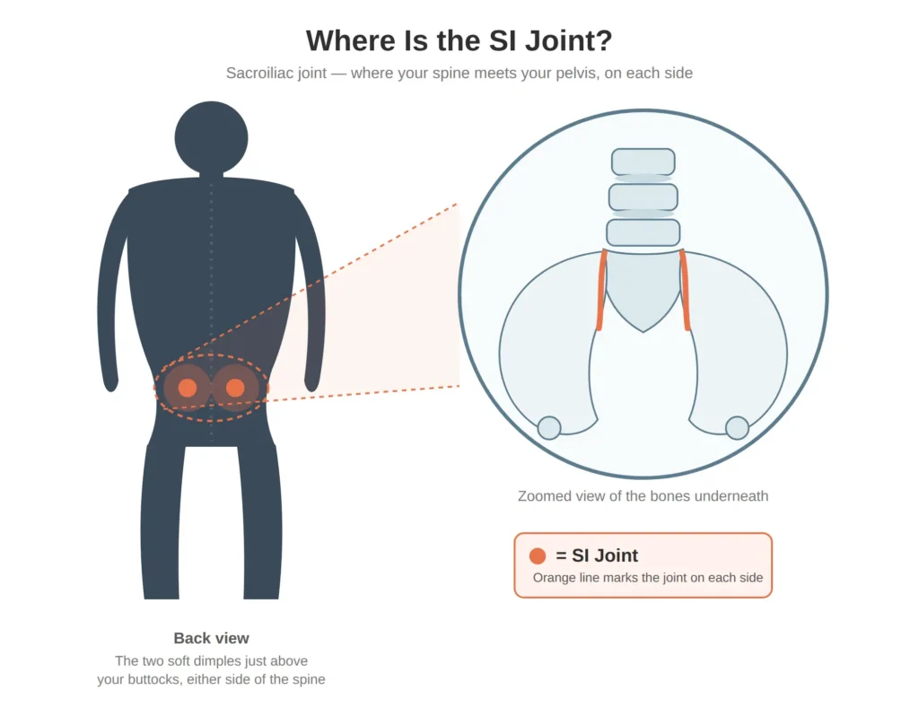 Diagram showing the location of the sacroiliac (SI) joint where the spine meets the pelvis