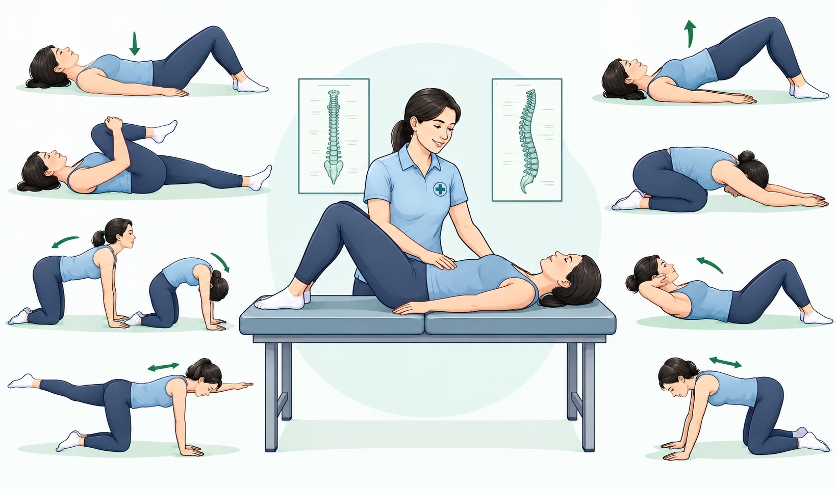 Physiotherapist guiding a patient through a lower back exercise, illustrating safe movement for lower back pain relief